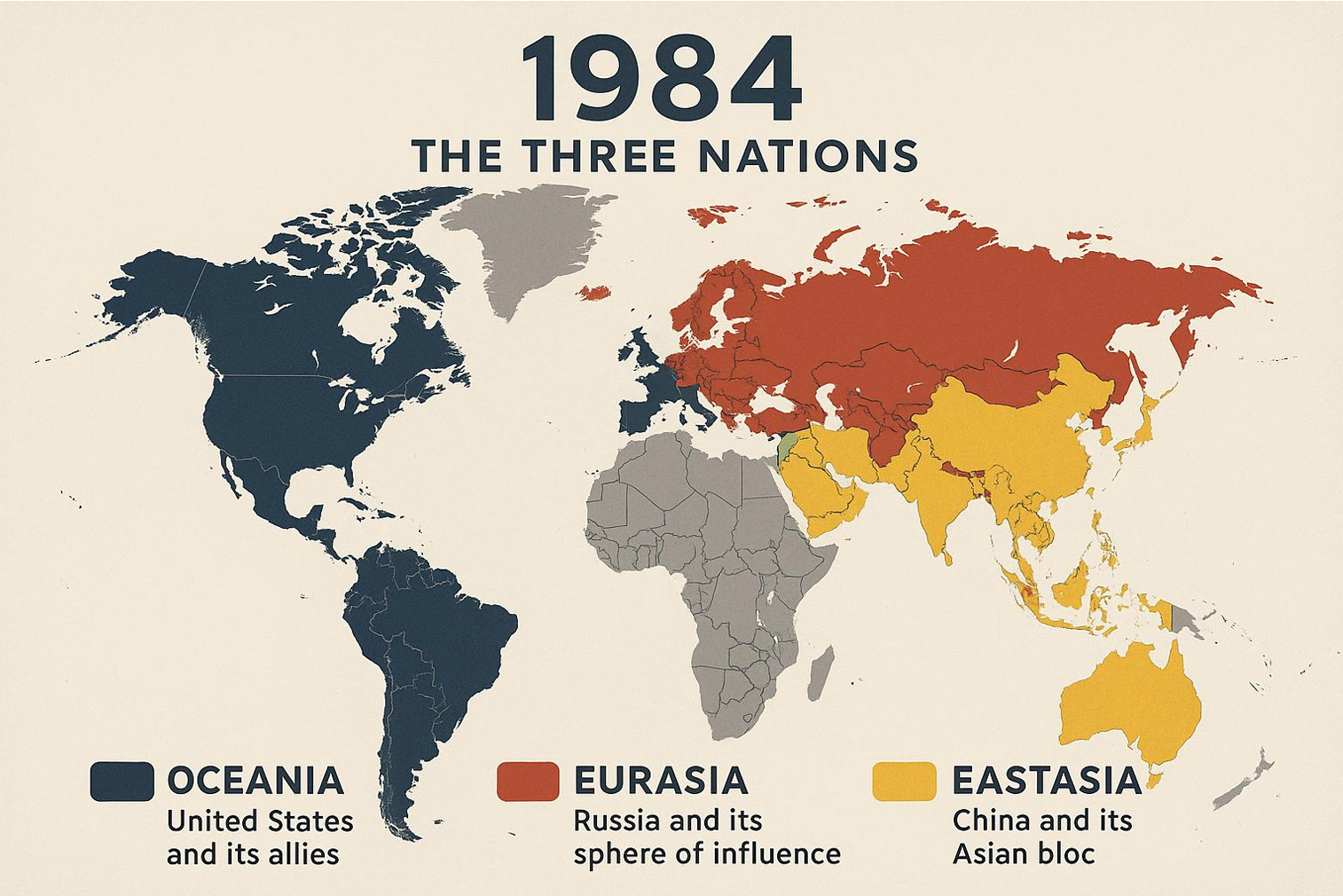 Mapa mundial dividido en tres superpotencias según la novela 1984