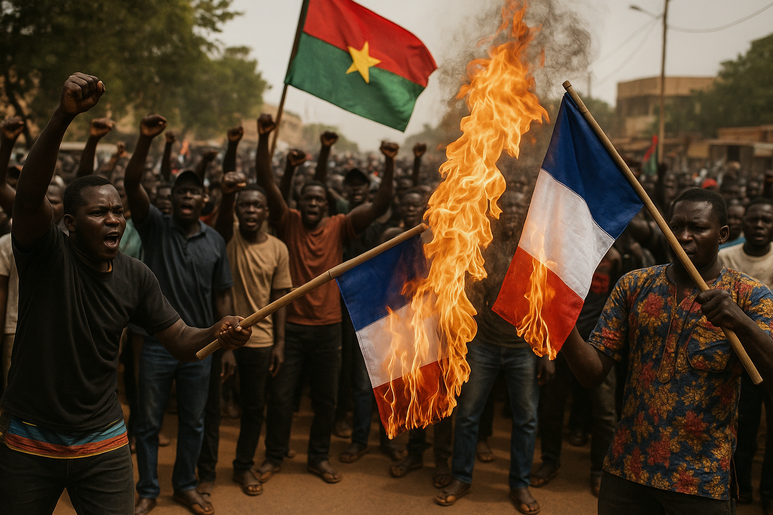 Manifestantes burkineses quemando banderas francesas durante una protesta en Uagadugú