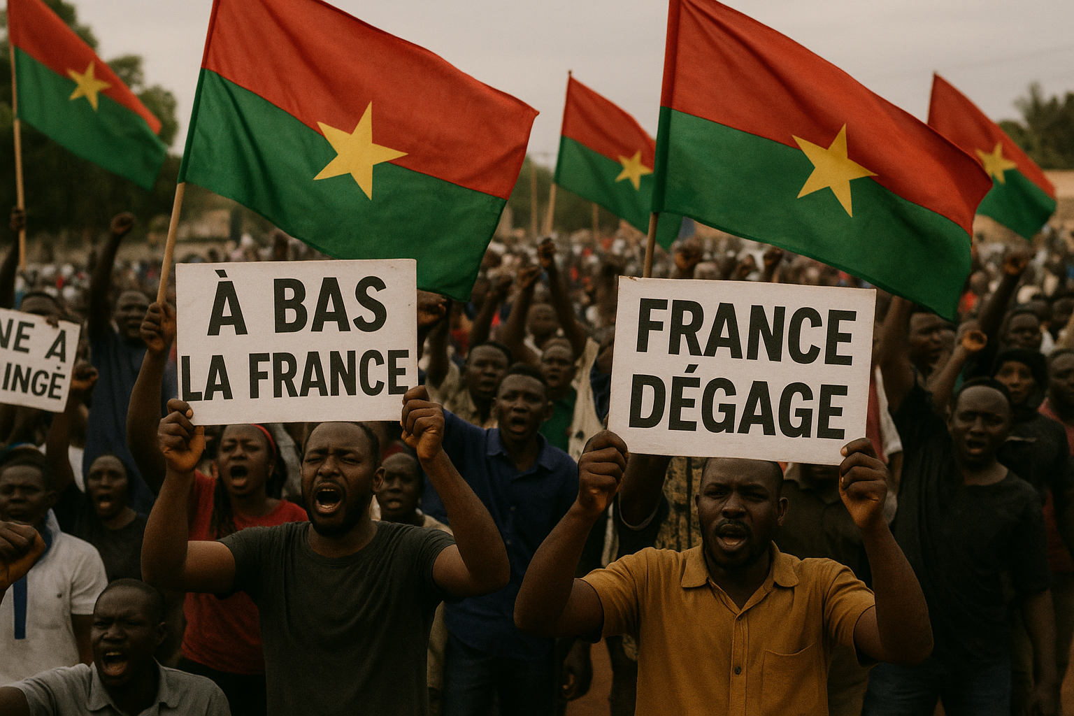 Manifestantes en Burkina Faso con banderas nacionales y pancartas contra la influencia francesa