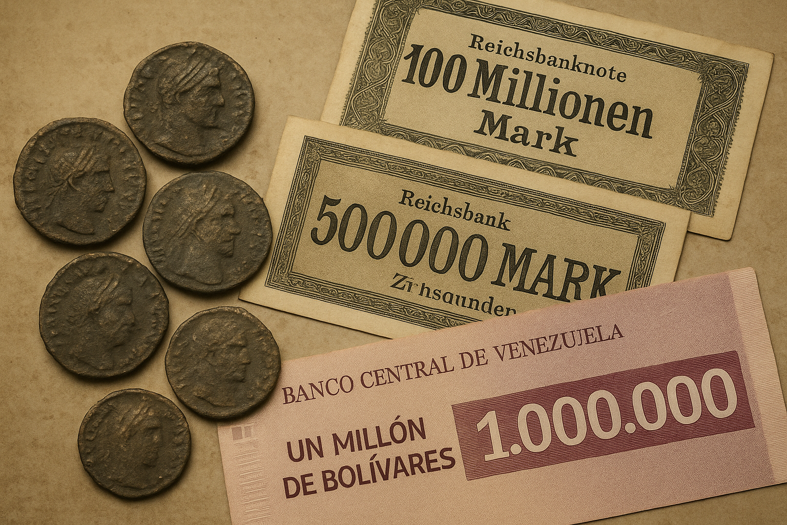 Representación artística de monedas romanas devaluadas junto a billetes modernos hiperinflacionarios
