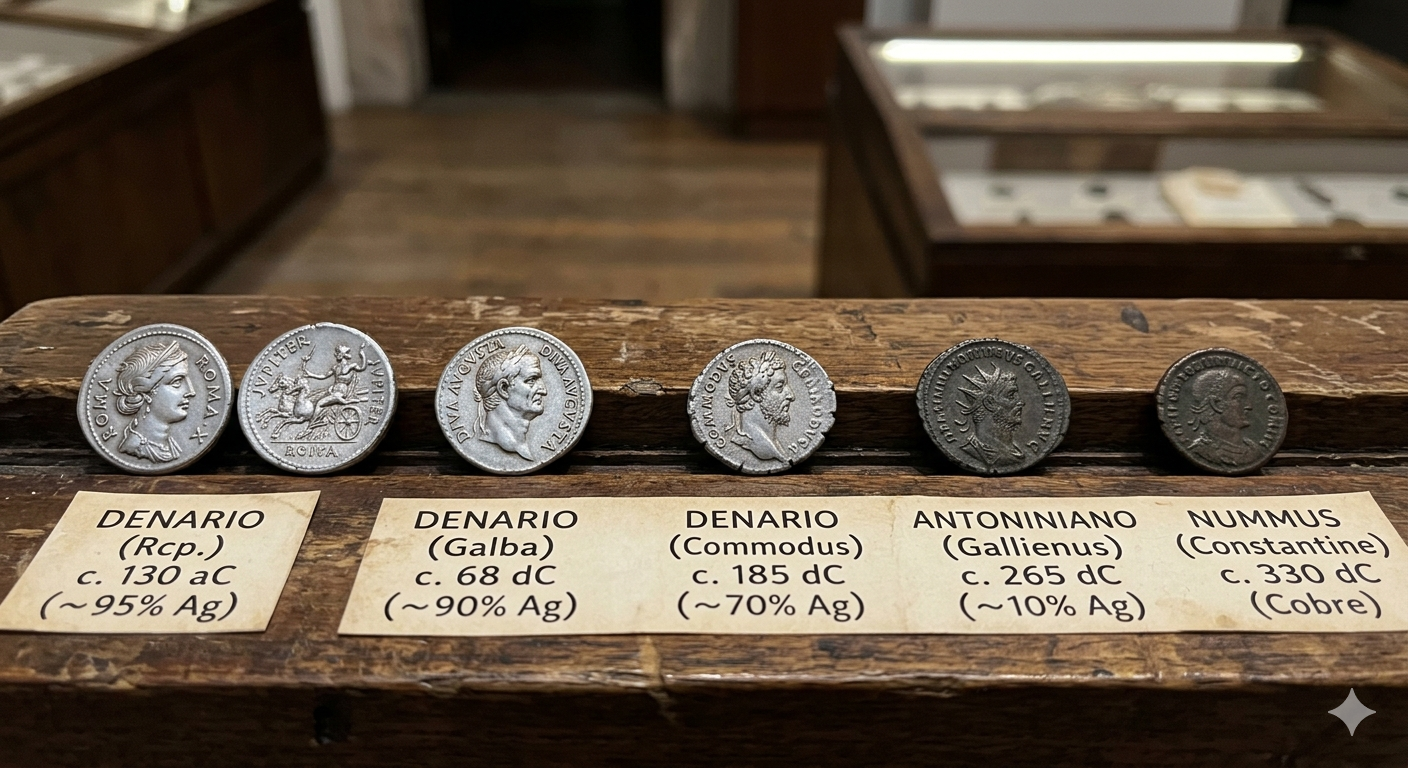 Monedas romanas mostrando la degradación de su contenido de plata a lo largo del tiempo