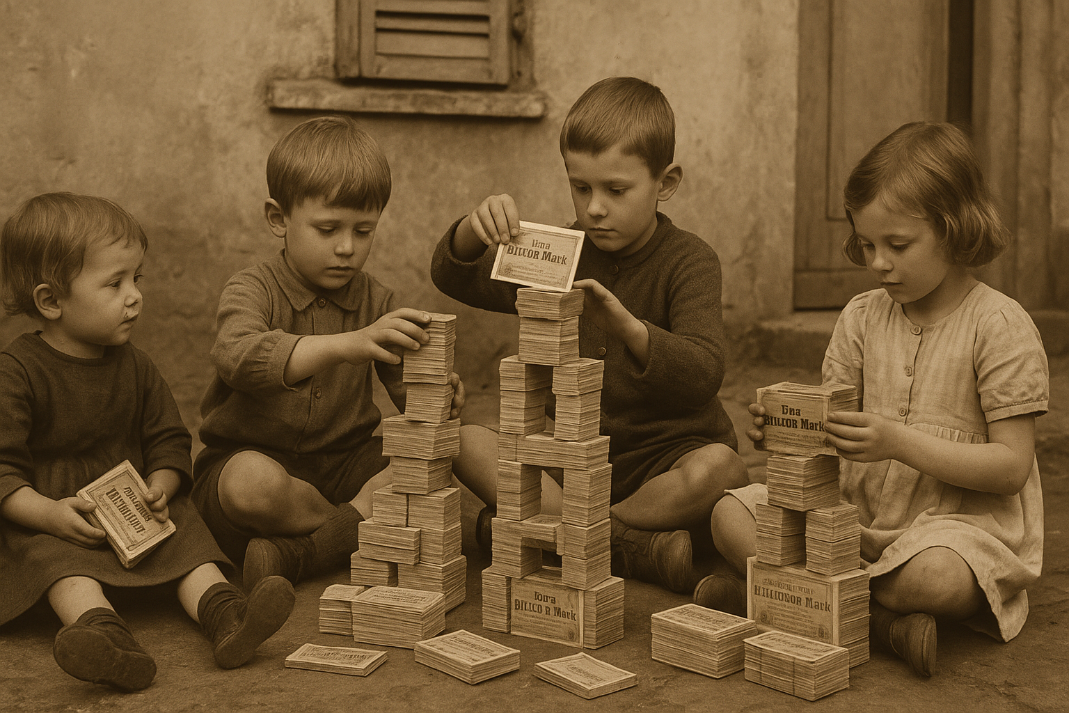Niños alemanes jugando con bloques de billetes durante la hiperinflación de Weimar