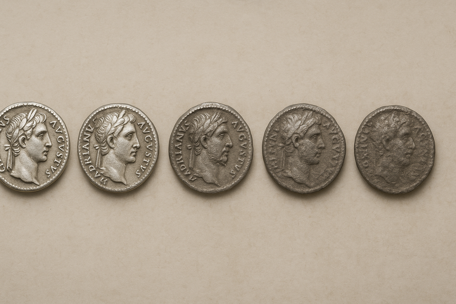 Monedas romanas mostrando la degradación de su contenido de plata a lo largo del tiempo