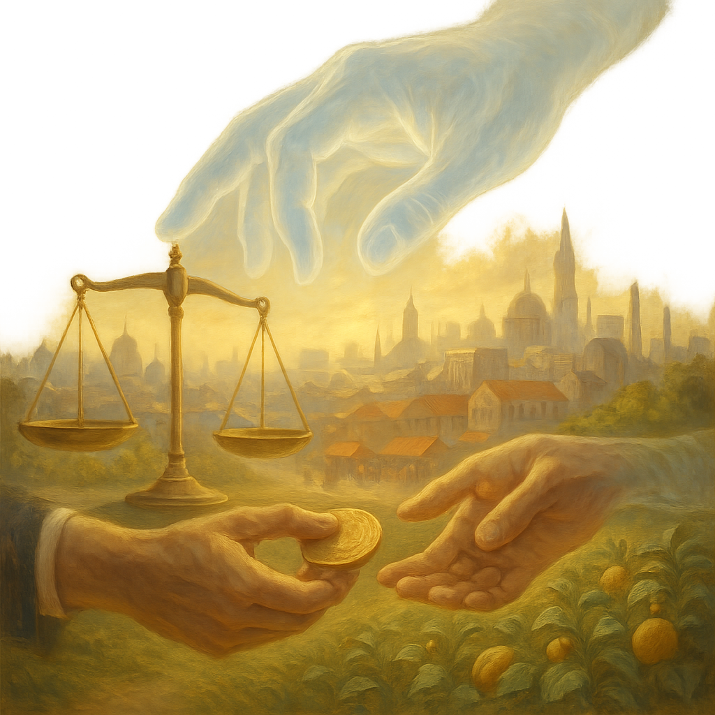 Representación de la mano invisible de Adam Smith guiando el mercado libre