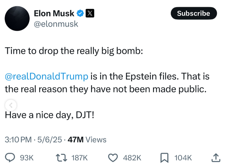 Captura de pantalla del polémico tweet de Musk sobre Trump y los archivos de Epstein