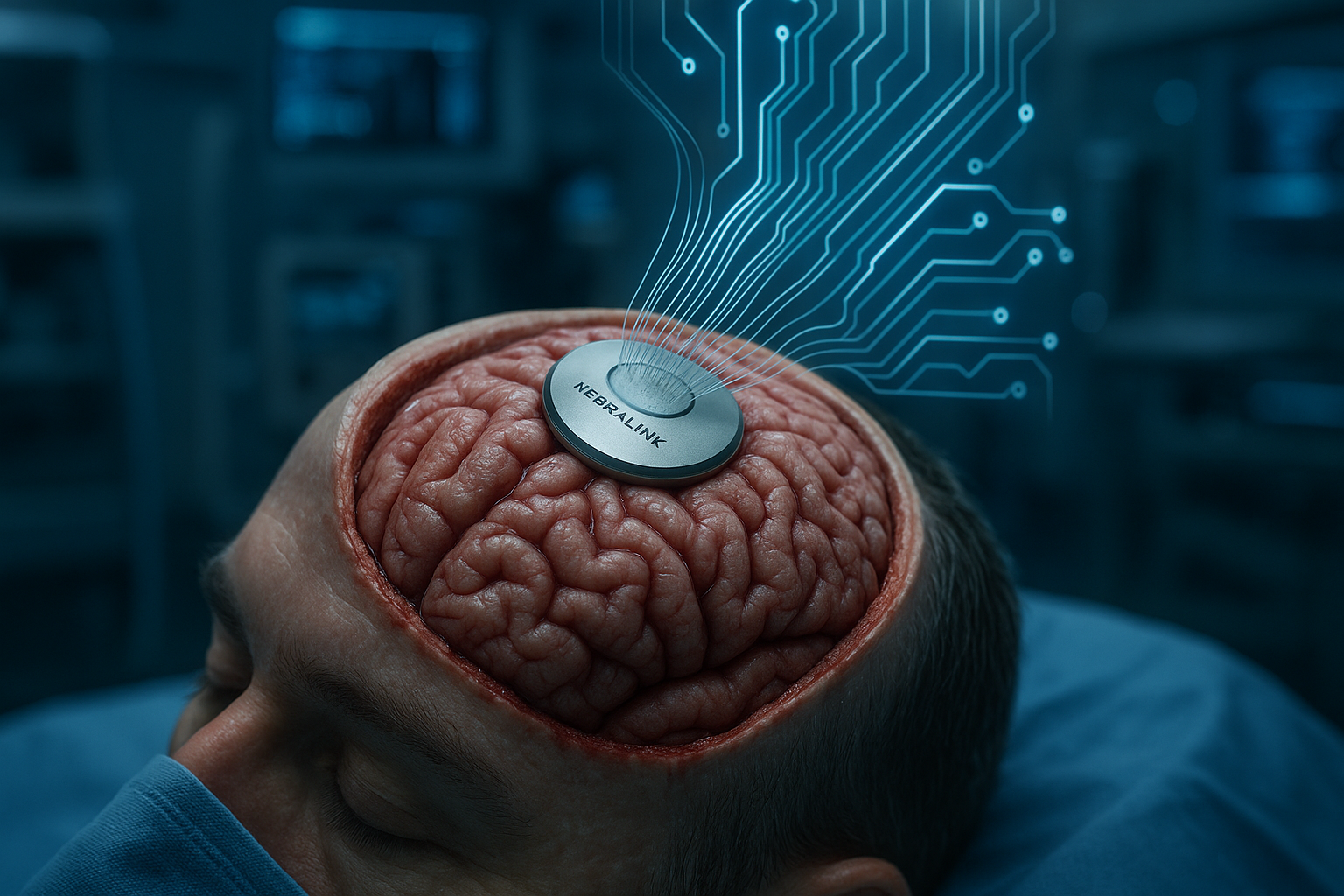 Representación artística de un implante cerebral Neuralink conectando un cerebro humano con circuitos digitales