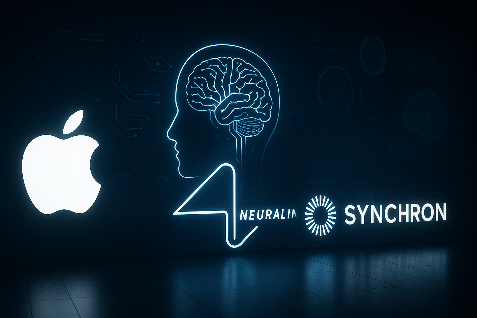 Logos de Apple, Neuralink y Synchron representando la competencia en el campo de las interfaces cerebro-computadora